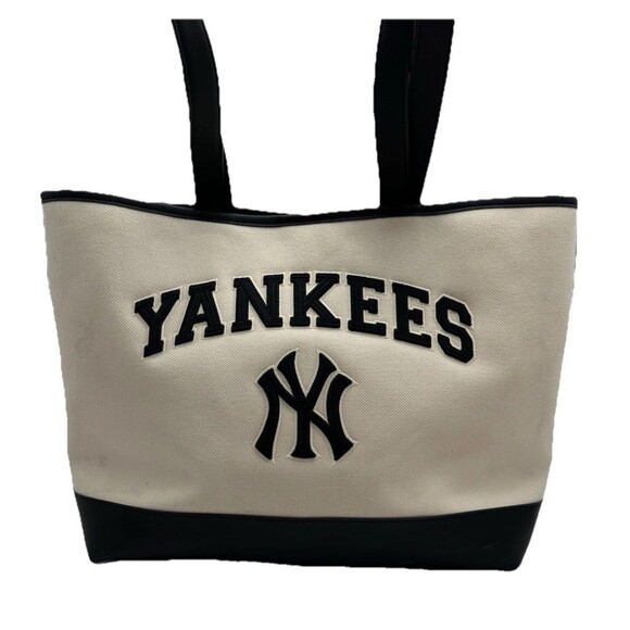 MLB Korea New York Yankees Canvas Tote Bag Big Logo Beige Black FLAWS READ - Picture 1 of 16